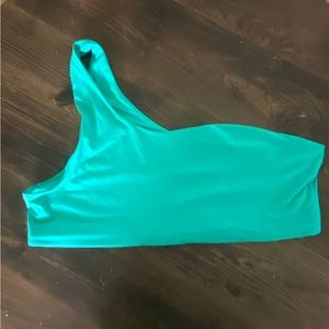 Girlfriend Collective one shoulder teal bikini top